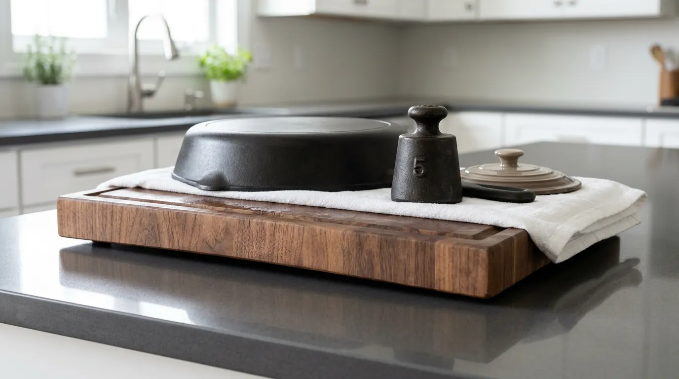 Warped wooden cutting board being gently flattened with moisture a towel and evenly distributed weight