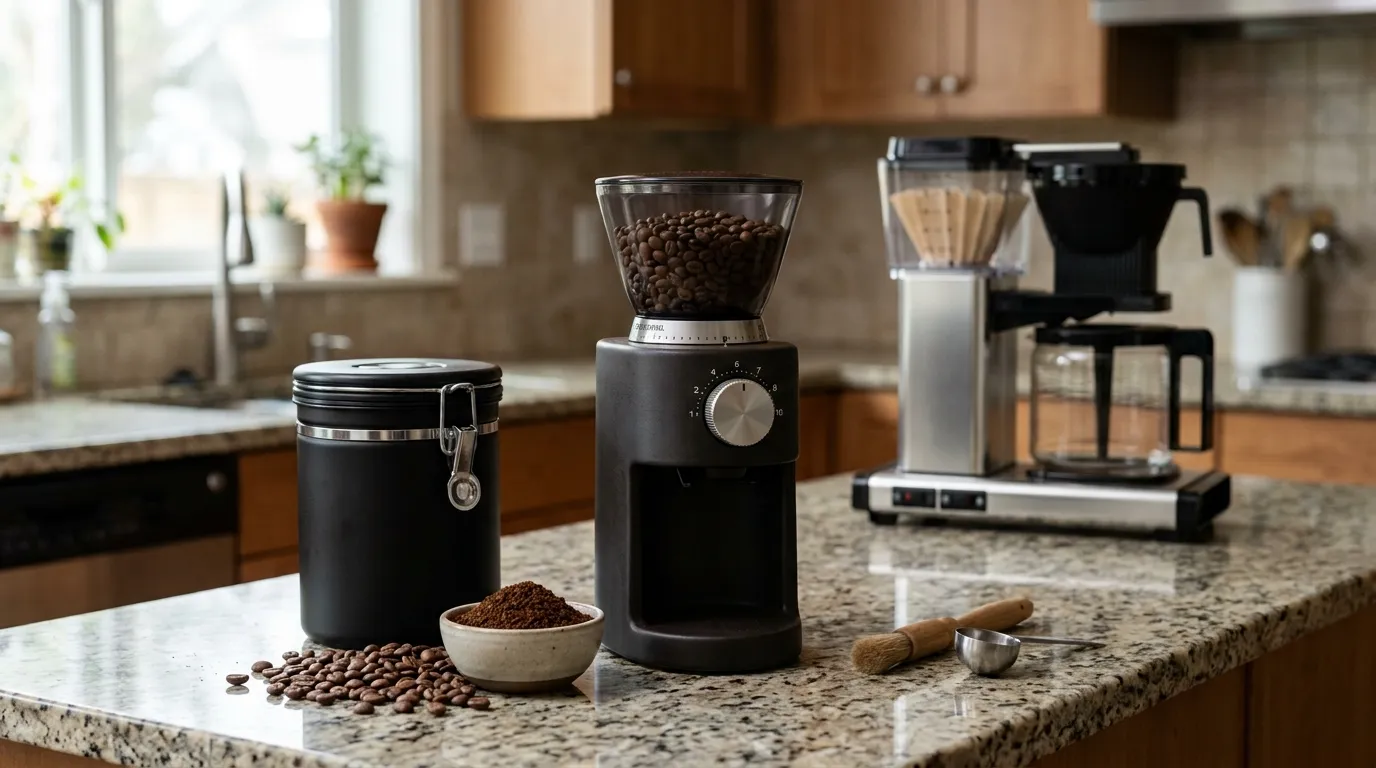 Medium ground coffee beside fresh whole beans and an airtight container for drip coffee storage