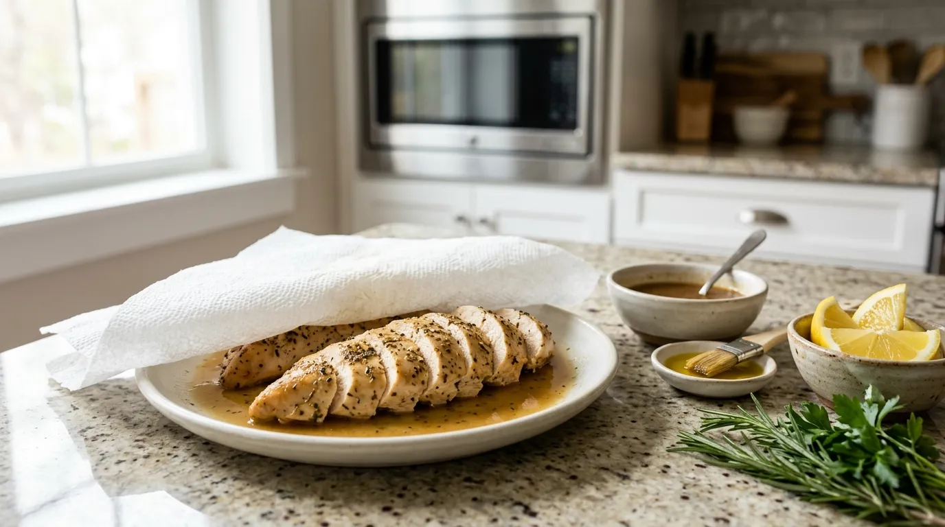 Sliced reheated chicken covered with a damp paper towel and served with broth and fresh herbs