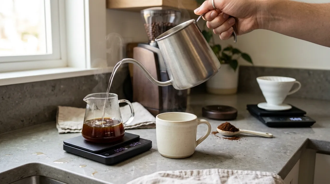 Strong coffee concentrate being brewed and diluted with hot water to balance flavor and reduce bitterness