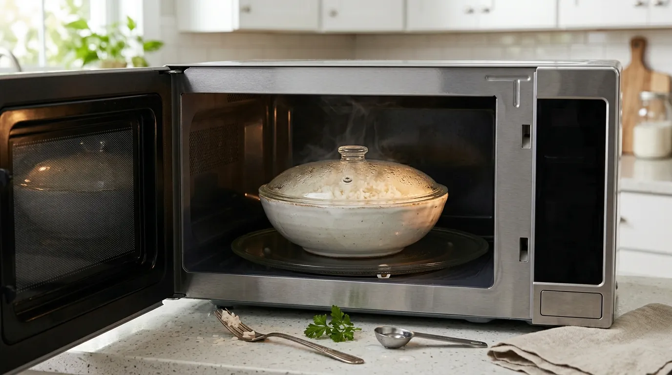 Bowl of leftover rice being reheated in a microwave with added water and a vented cover