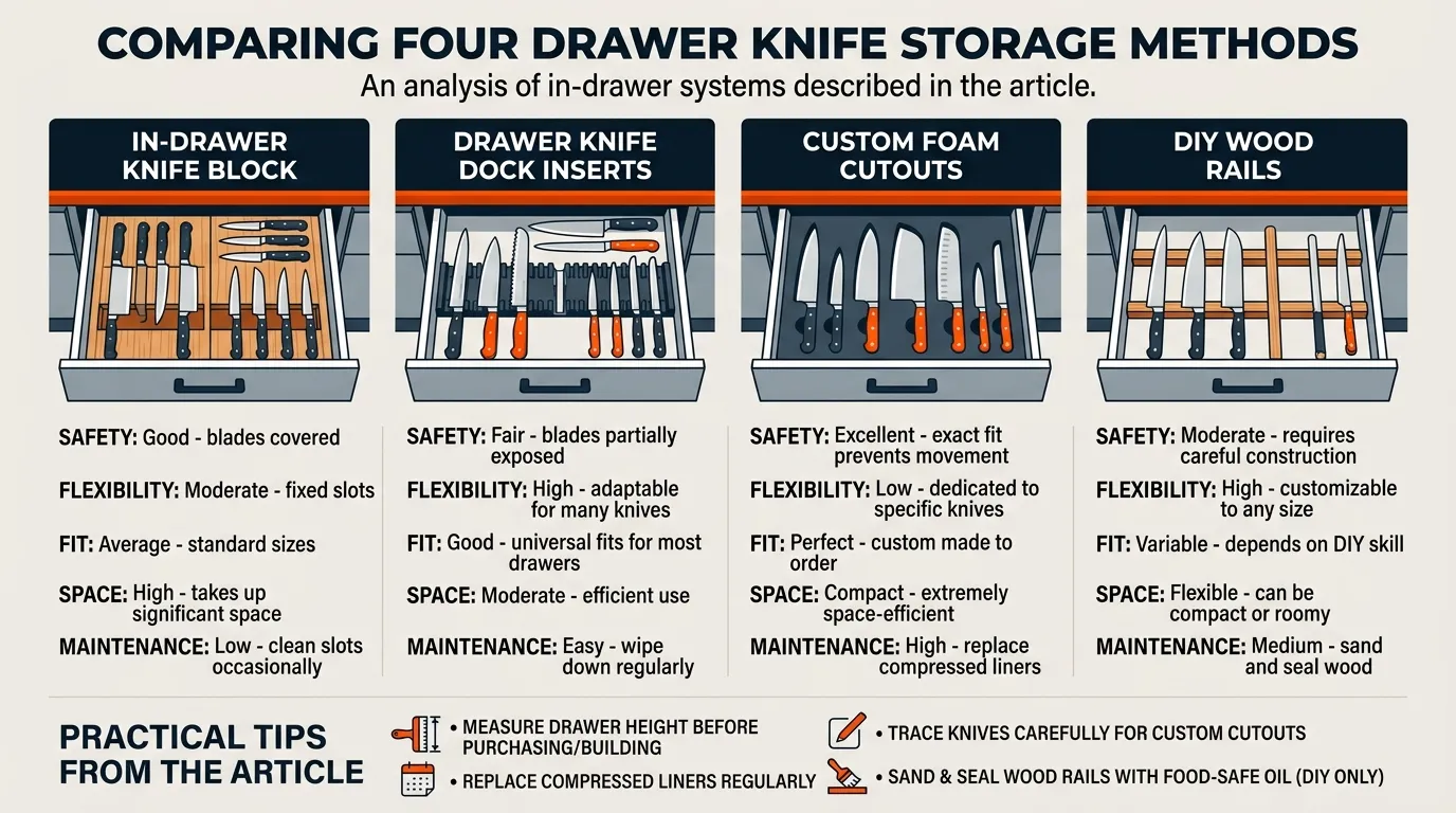 Comparison of in-drawer knife blocks, flexible knife docks, custom foam cutouts, and wood rails for safe storage