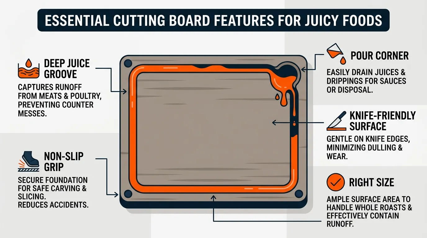 Cutting board showing a deep juice groove, stable feet, pour corner, and spacious carving surface