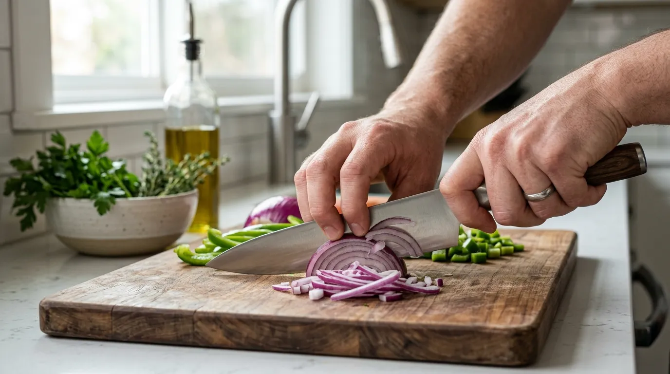 Guide hand forming a claw while knuckles safely guide a chef’s knife during vegetable cutting