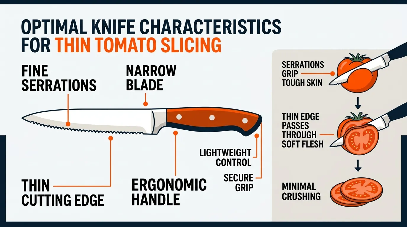 Small serrated tomato knife with fine teeth, narrow blade, lightweight handle, and ripe tomato for precise slicing