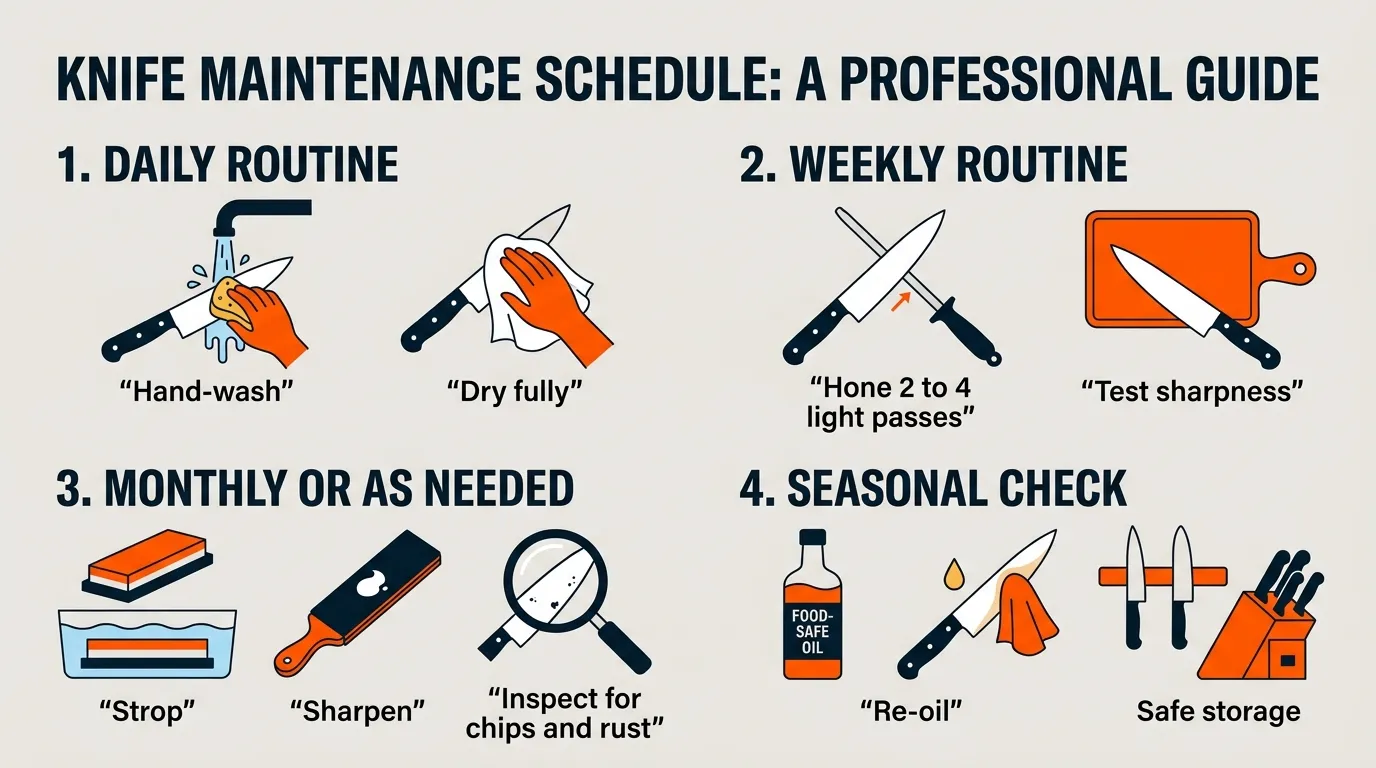 Knife maintenance schedule showing daily, weekly, monthly, and seasonal care tasks