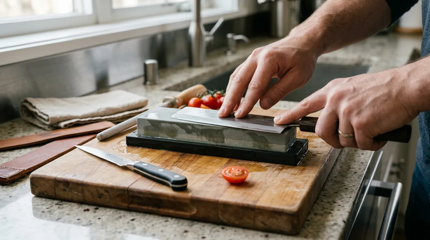 Chef’s knife being sharpened on a water stone beside a serrated knife and clean cutting board