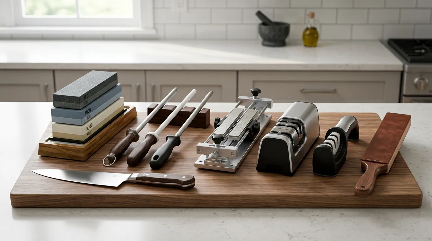 Knife sharpening tools including whetstones, honing rods, guided systems, and leather strop arranged for comparison