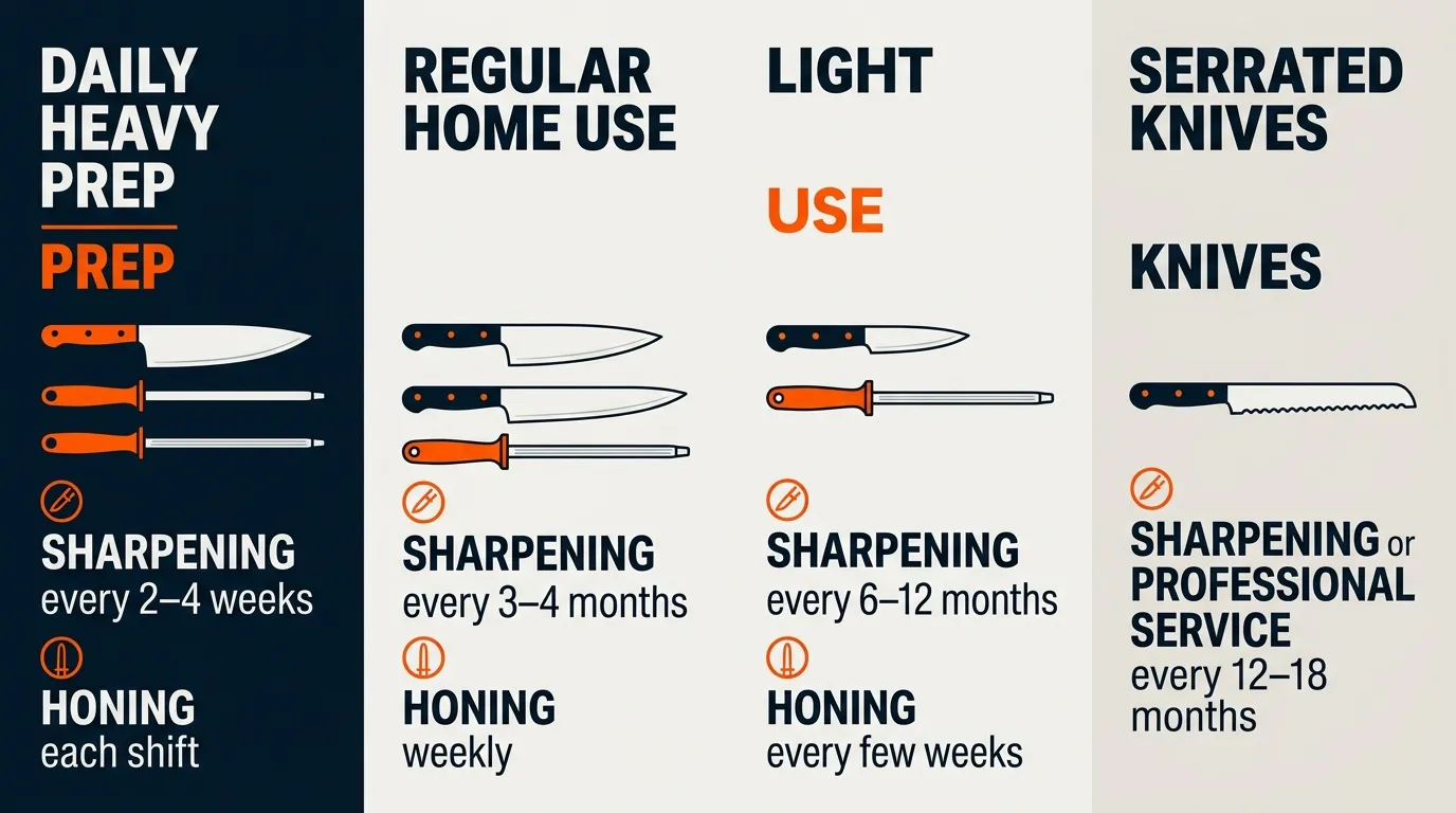 Knife sharpening and honing schedule for heavy kitchen use, regular home cooking, and light use