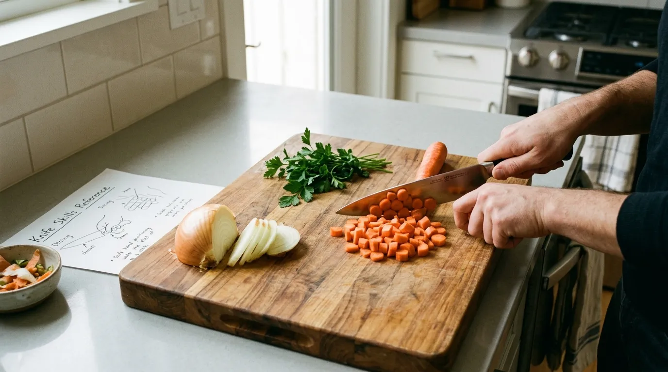 Home cook practicing consistent knife cuts with carrots and herbs to build safe cutting technique