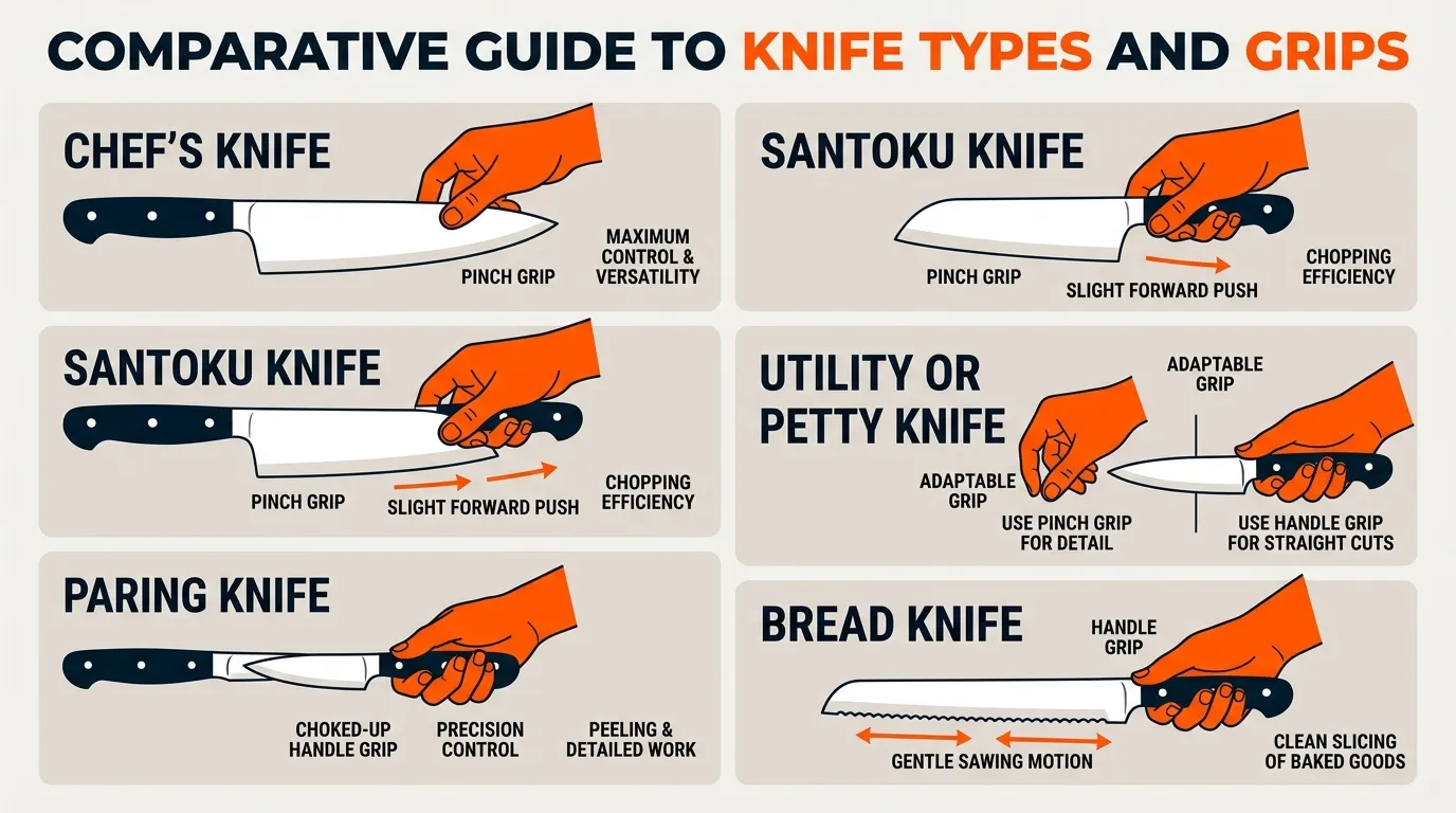 Comparison of chef’s, santoku, paring, utility, and bread knives with their recommended grips and cutting styles
