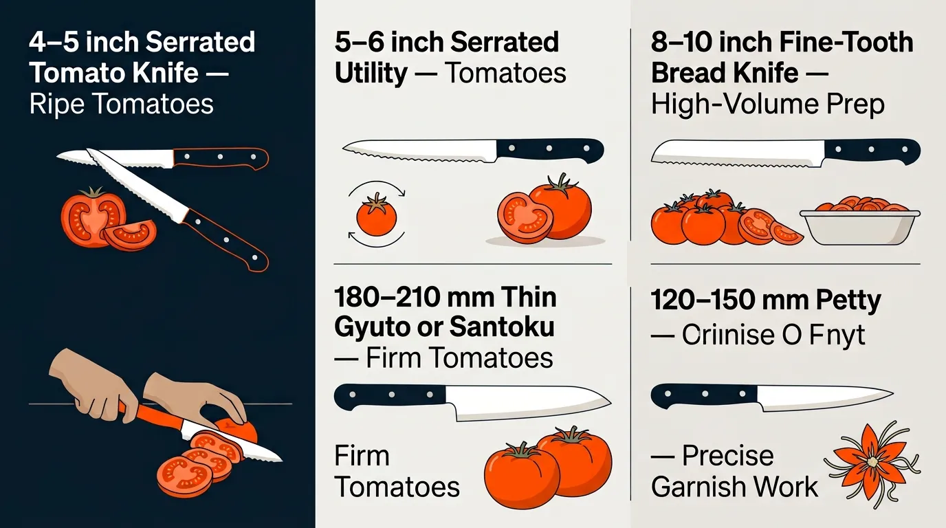 Five kitchen knife types arranged for tomato slicing from small serrated tomato knife to thin gyuto and bread knife
