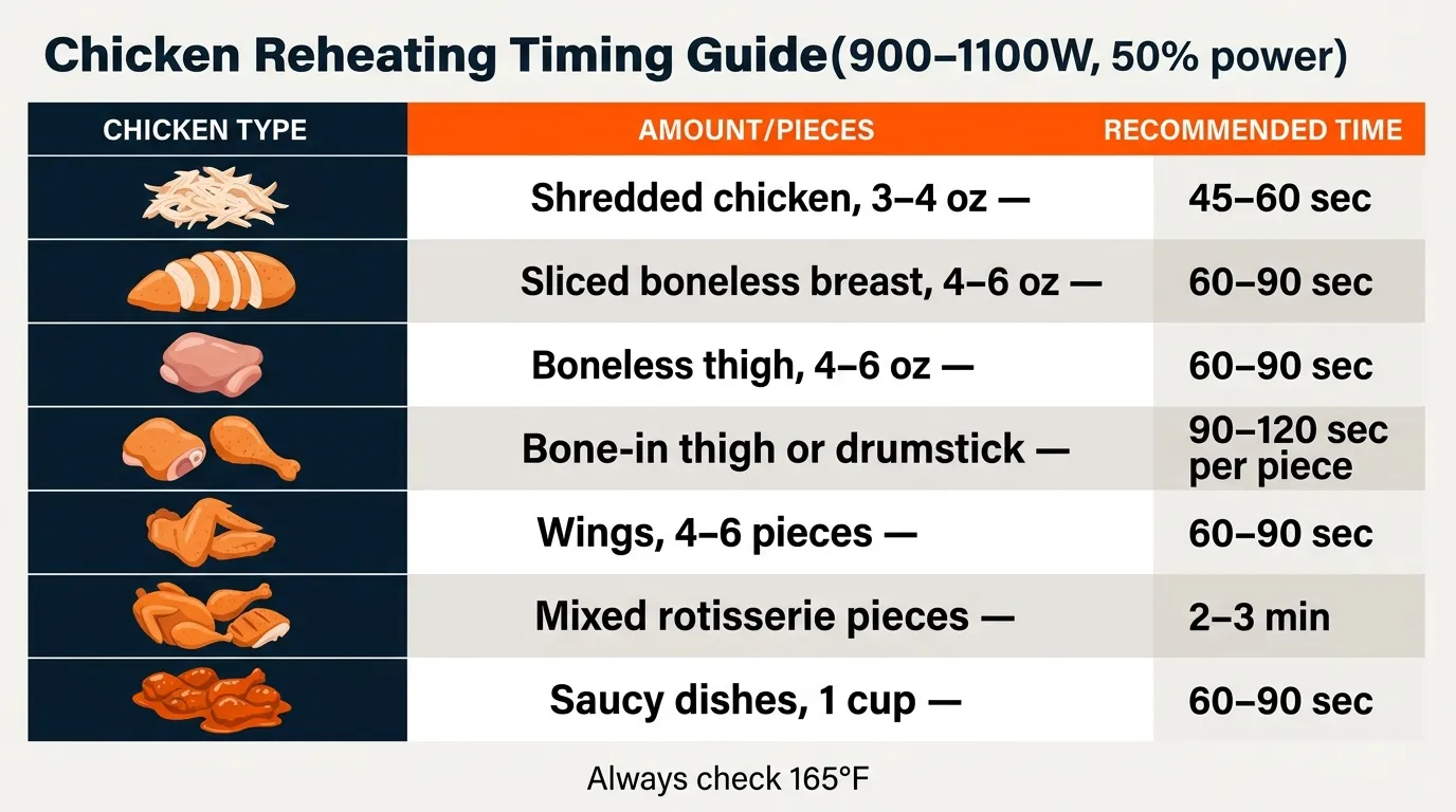 Cooked chicken portions arranged by cut for comparing microwave reheating times at 50 percent power