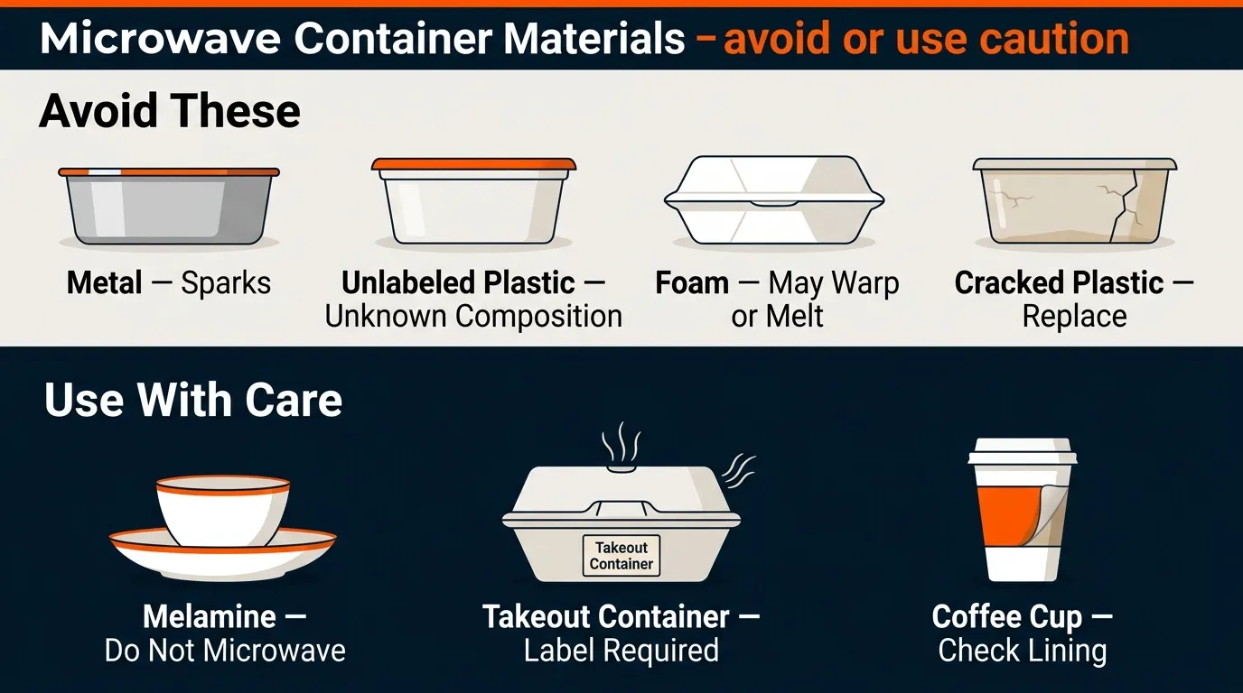 Metal-trimmed dish, unlabeled plastic, foam container, cracked plastic, and melamine shown as microwave safety examples
