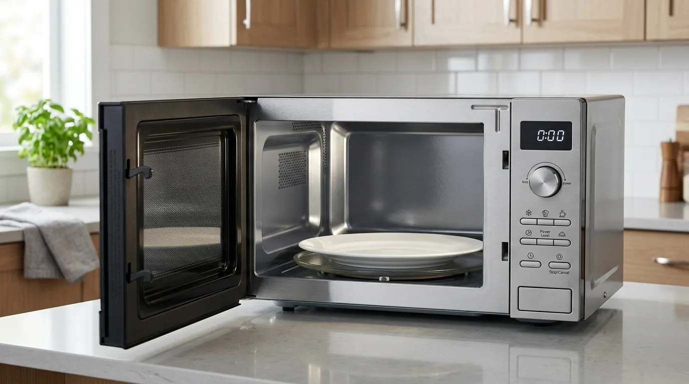 Modern microwave with inverter technology, auto defrost controls, spacious turntable, and easy-clean interior
