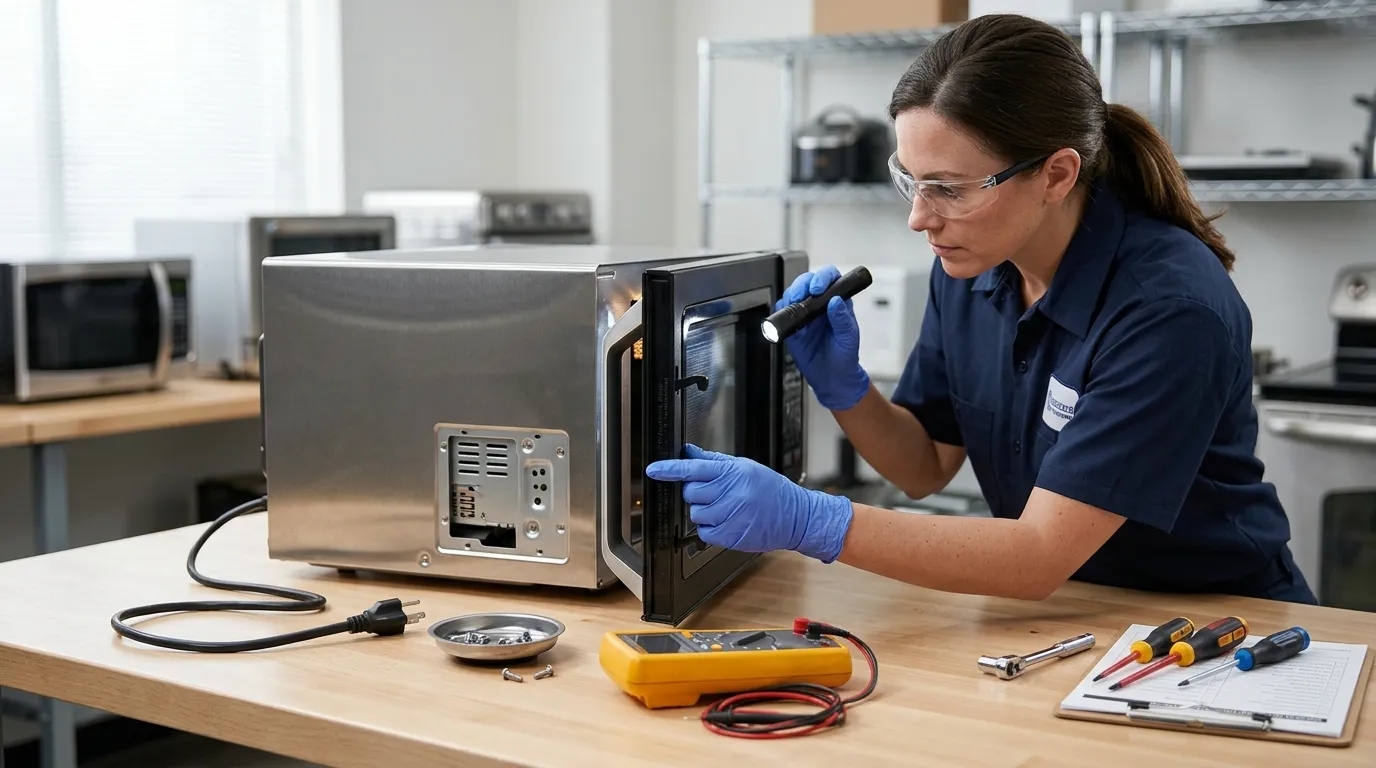 Microwave troubleshooting scene showing a technician inspecting the turntable, controls, cooling area, and electrical components