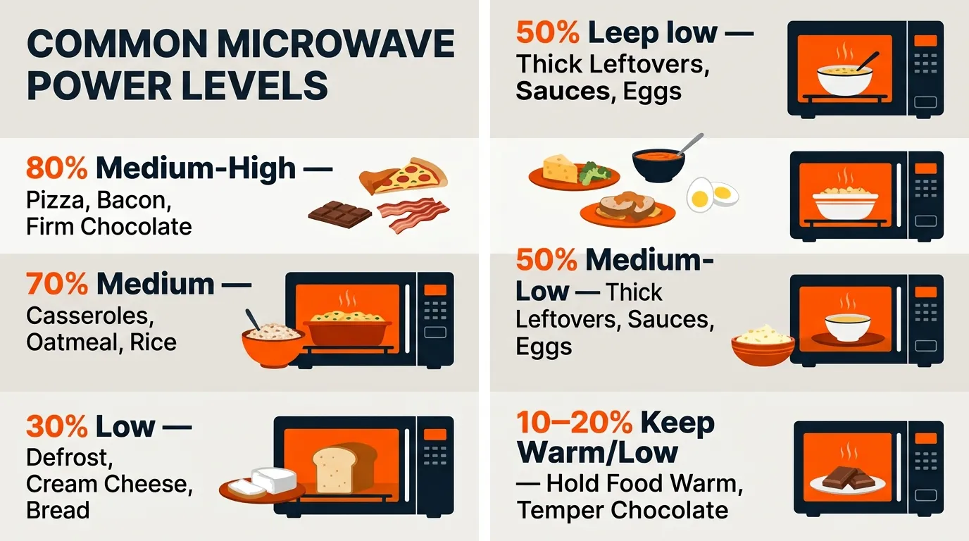 Microwave power level guide showing high, medium, low, and keep-warm settings for different foods