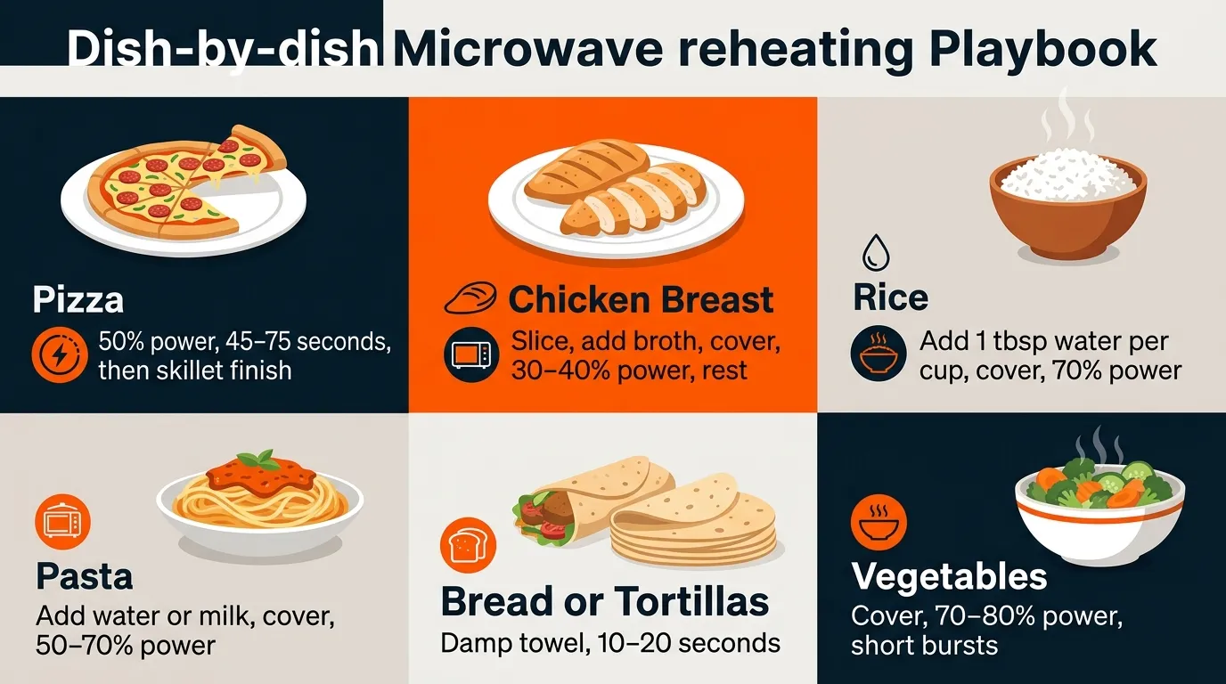Editorial infographic showing practical microwave reheating methods for pizza, chicken, rice, pasta, bread, and vegetables
