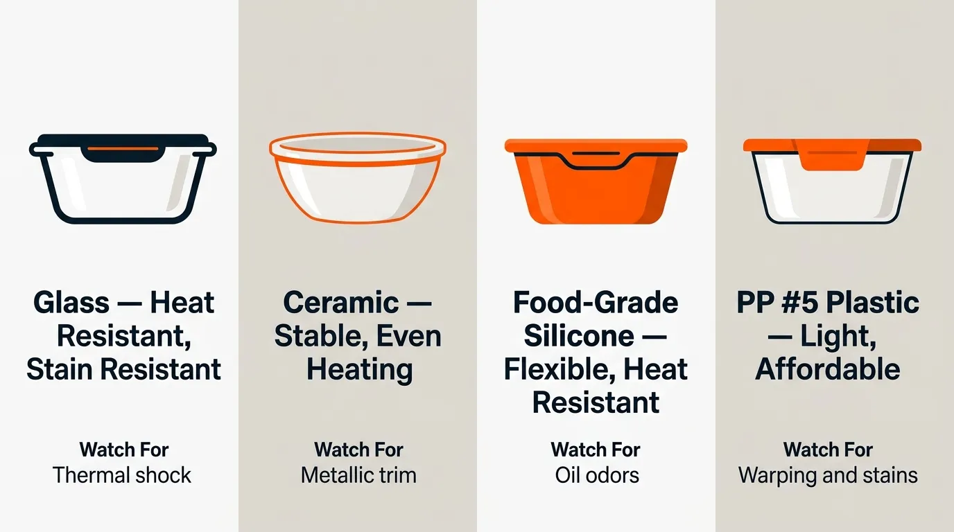 Glass, ceramic, silicone, and microwave-safe polypropylene containers shown together for material comparison
