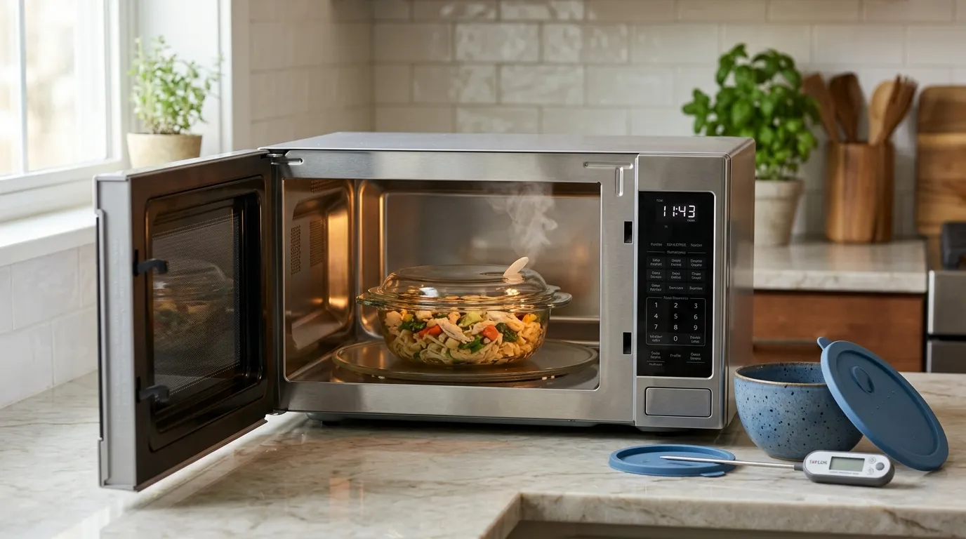 Microwave-safe glass and ceramic containers with a vented cover arranged for safe food reheating