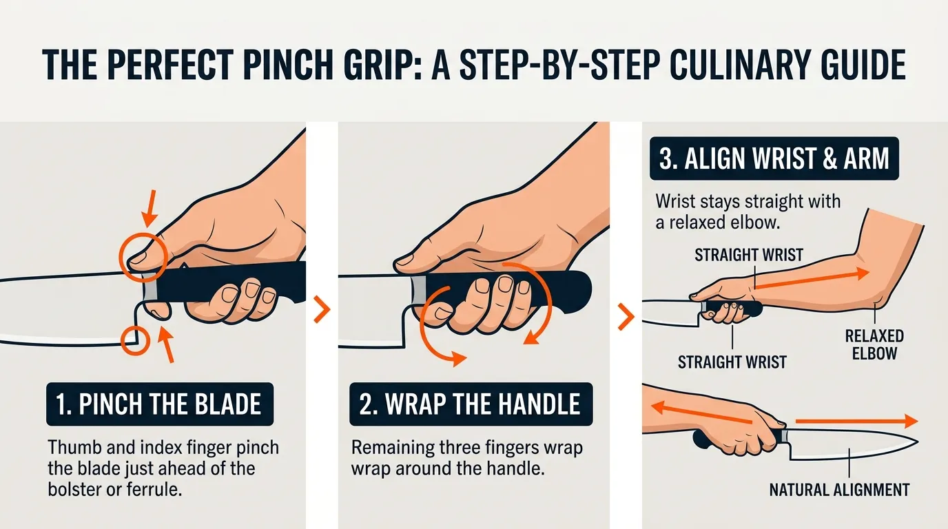 Step-by-step illustration showing how to pinch a chef’s knife blade near the bolster and wrap fingers around the handle