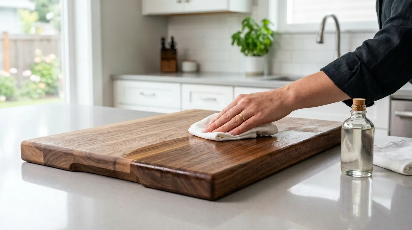 Wooden cutting board being washed gently and dried upright to protect the wood