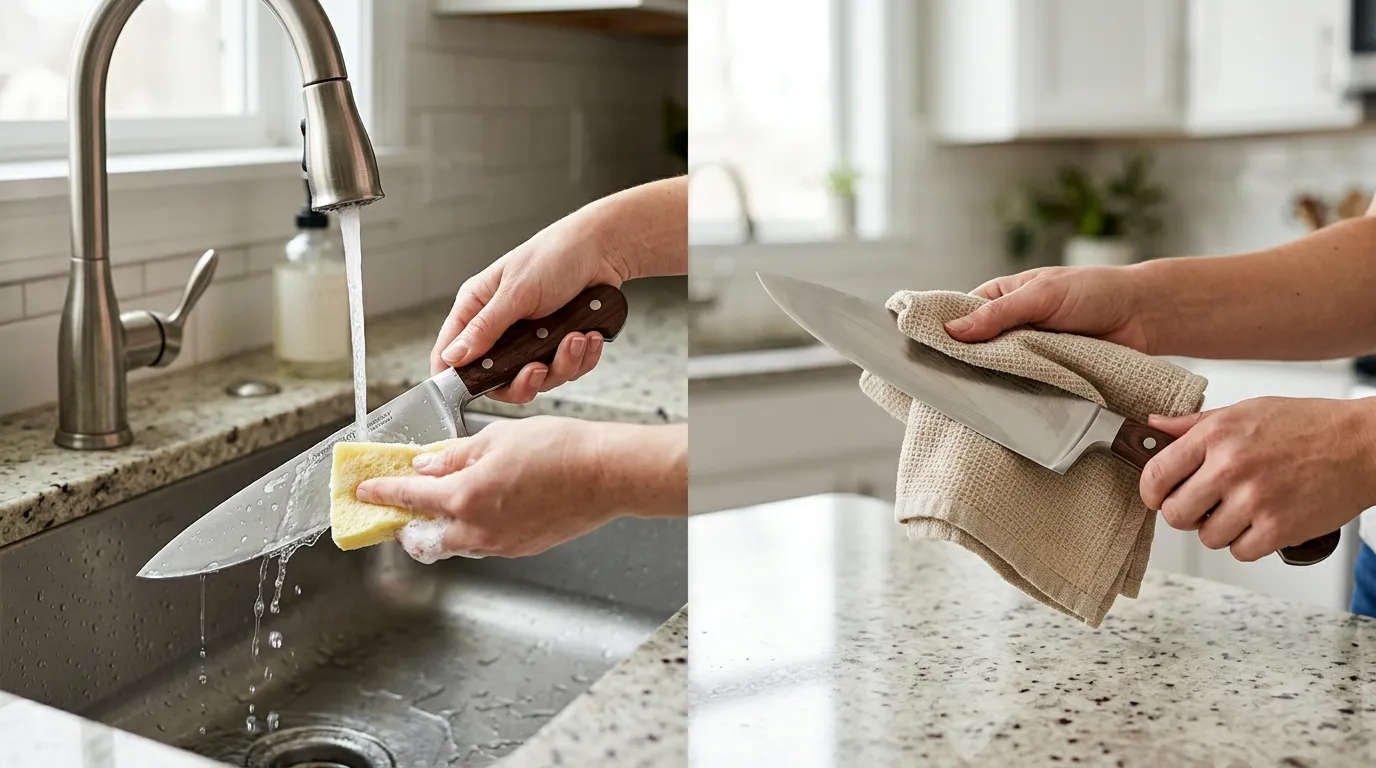 Chef’s knife being hand-washed with mild soap and dried safely with a clean towel