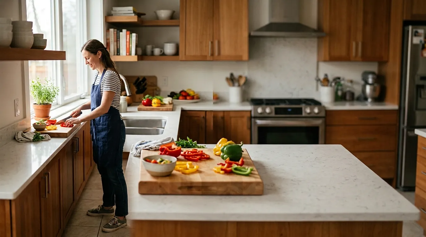 Home cook using a neutral wrist and smooth rocking motion while cutting vegetables on a stable board