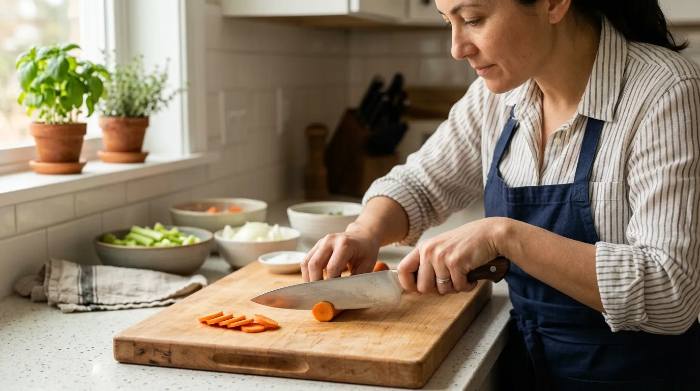 Cook using a pinch grip and curled claw guide hand while safely slicing vegetables on a stable cutting board