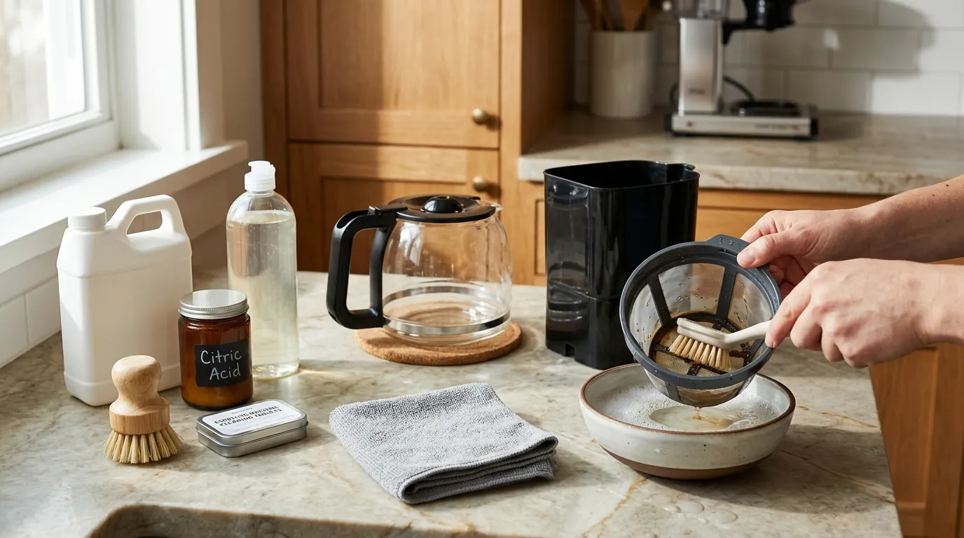 Coffee maker cleaning supplies including food-safe descaler, citric acid, dish soap, and espresso cleaner beside removable parts