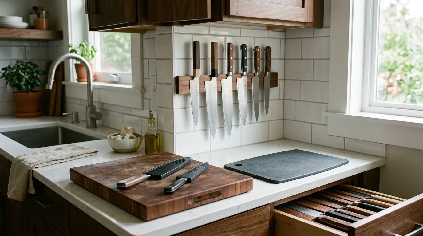 Kitchen knives stored safely beside an end-grain wood cutting board and soft plastic board