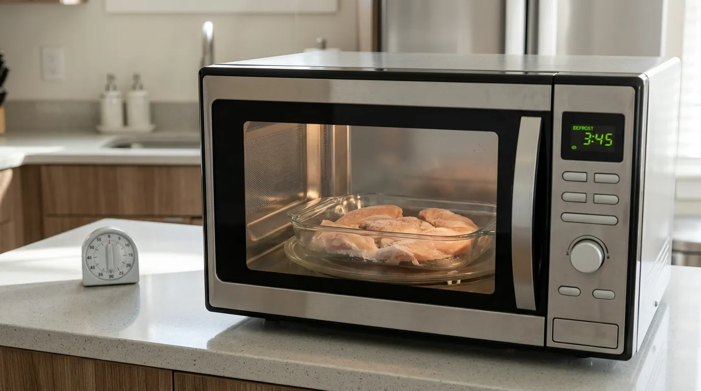 Frozen meat being defrosted in a microwave at low power with pieces separated and ready for cooking
