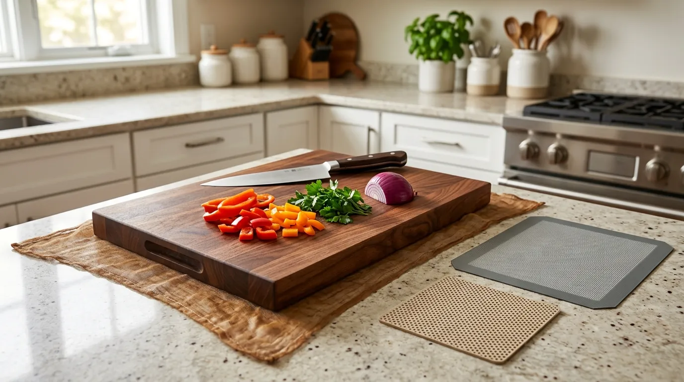 Cutting board stability options including silicone feet, screw-in feet, non-slip mats, and rubber pads