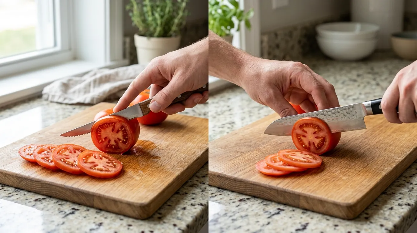 Fine-tooth serrated knife and sharp straight-edge chef’s knife compared while slicing ripe tomatoes