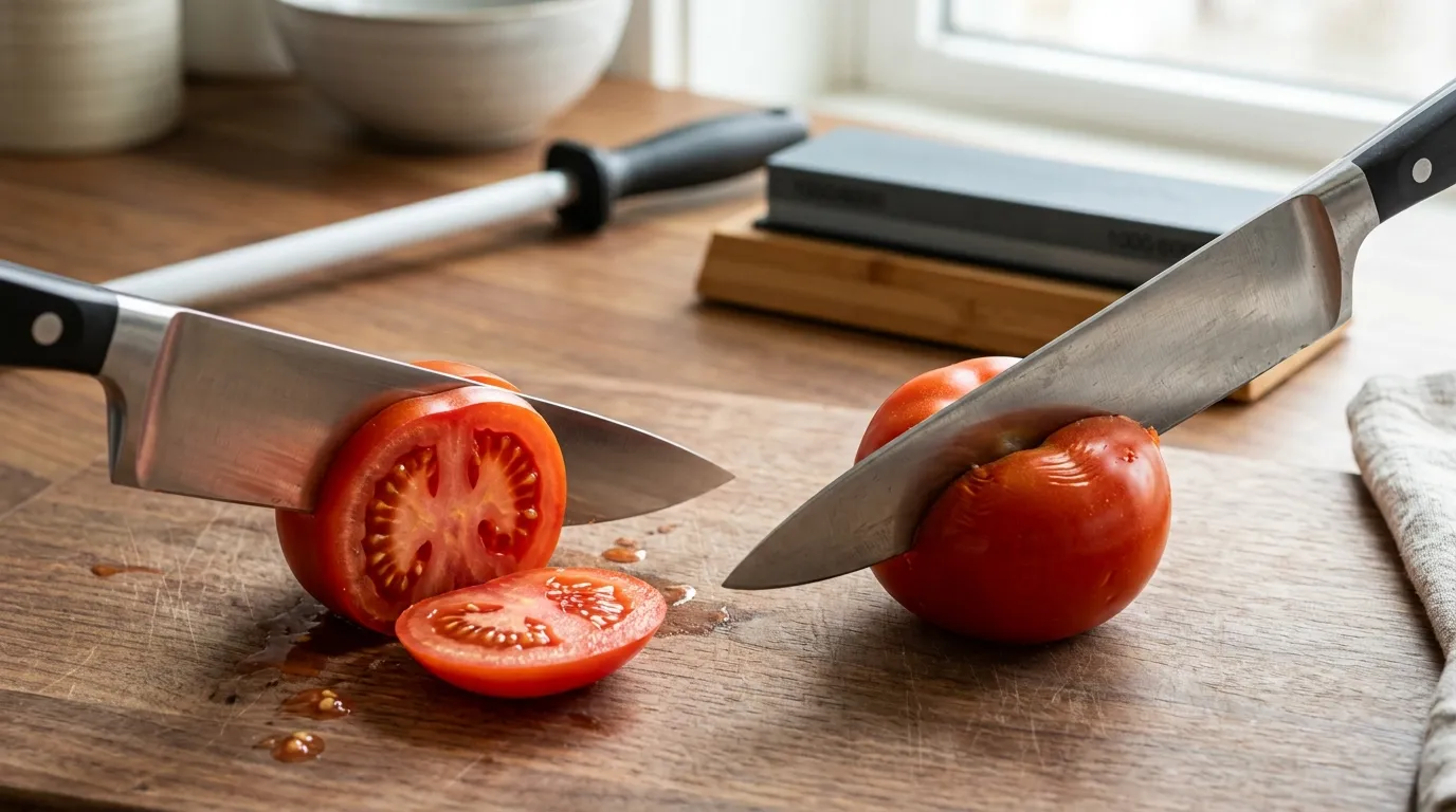Close-up comparison of sharp and dull kitchen knife edges showing how edge geometry affects cutting control