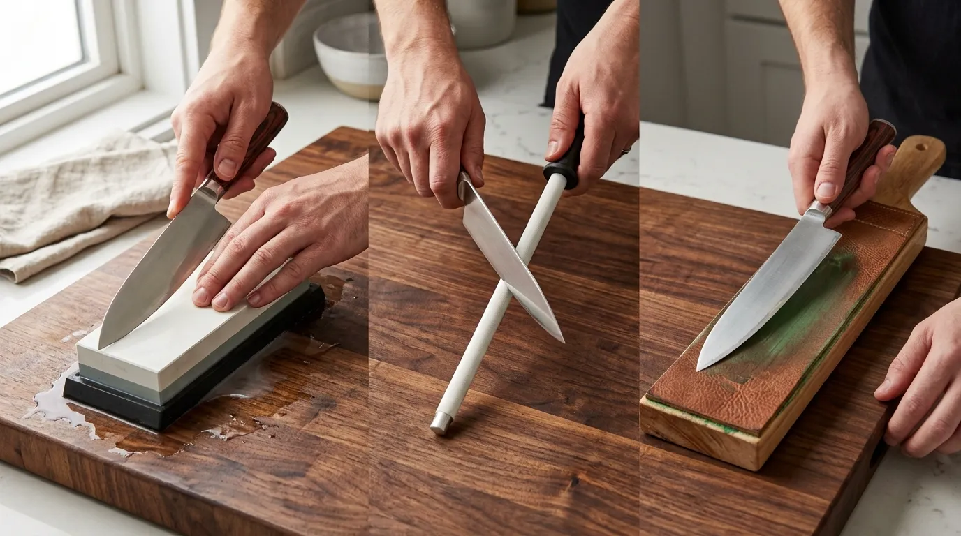 Chef’s knife being sharpened, honed, and stropped with a whetstone, honing rod, and leather strop
