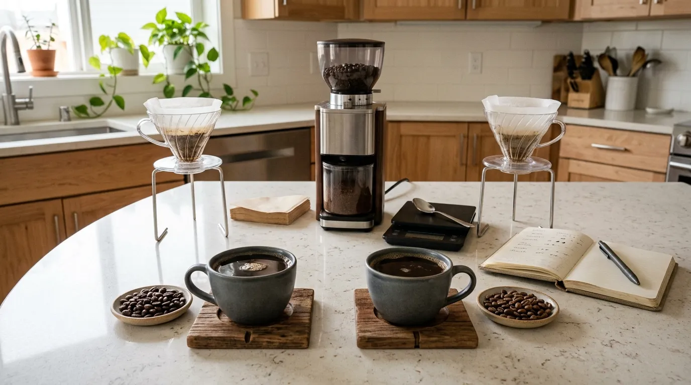 Two drip coffee samples prepared side by side for comparing coffee beans at home
