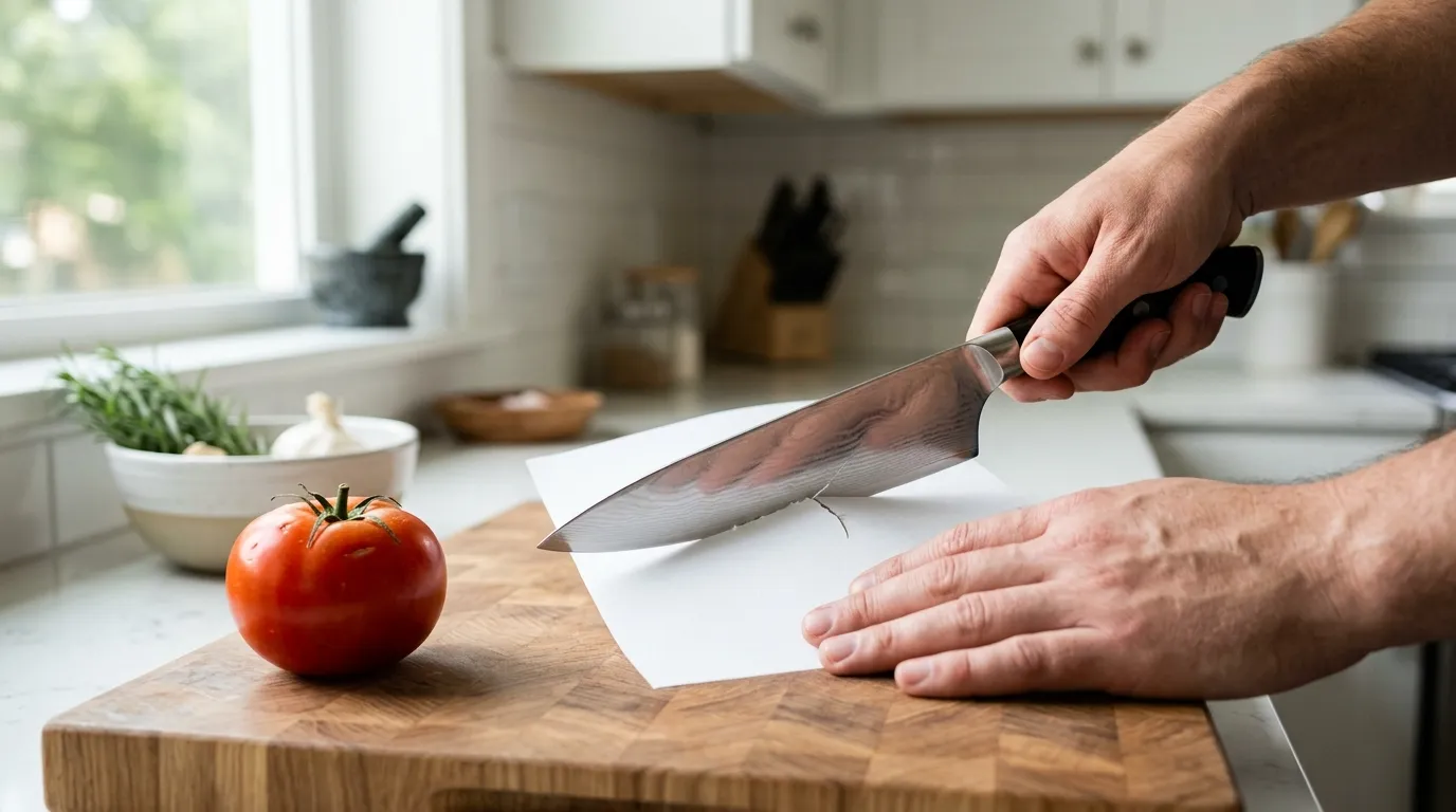 Safe paper and tomato tests used to check whether a kitchen knife needs honing or sharpening