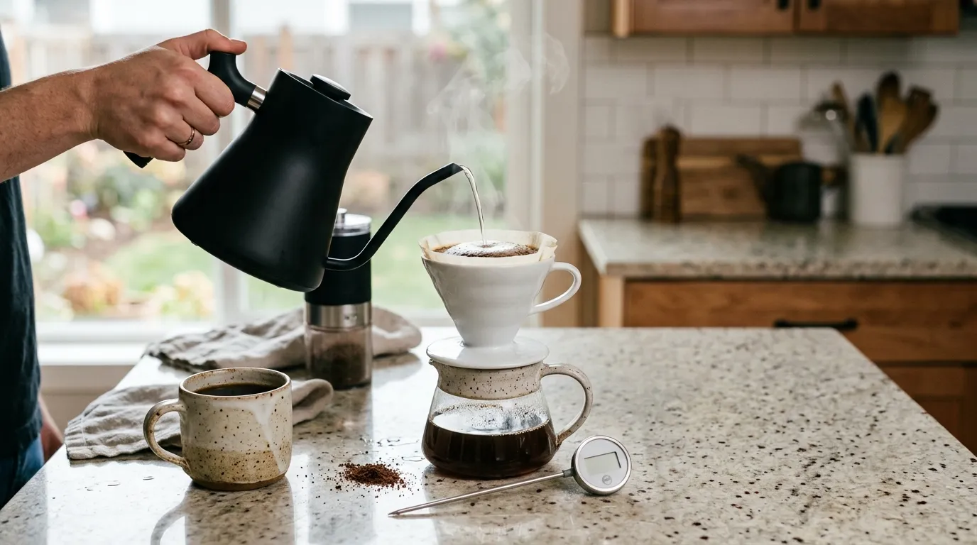 Gooseneck kettle, instant-read thermometer, and temperature-controlled kettle used for coffee brewing