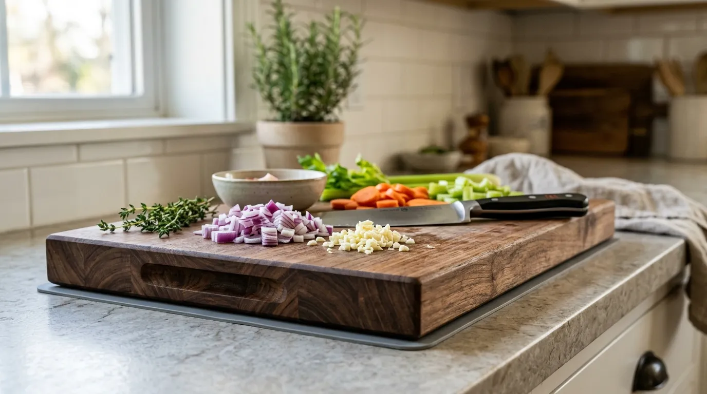 Cutting board secured with a thin damp kitchen towel and alternative non-slip materials nearby