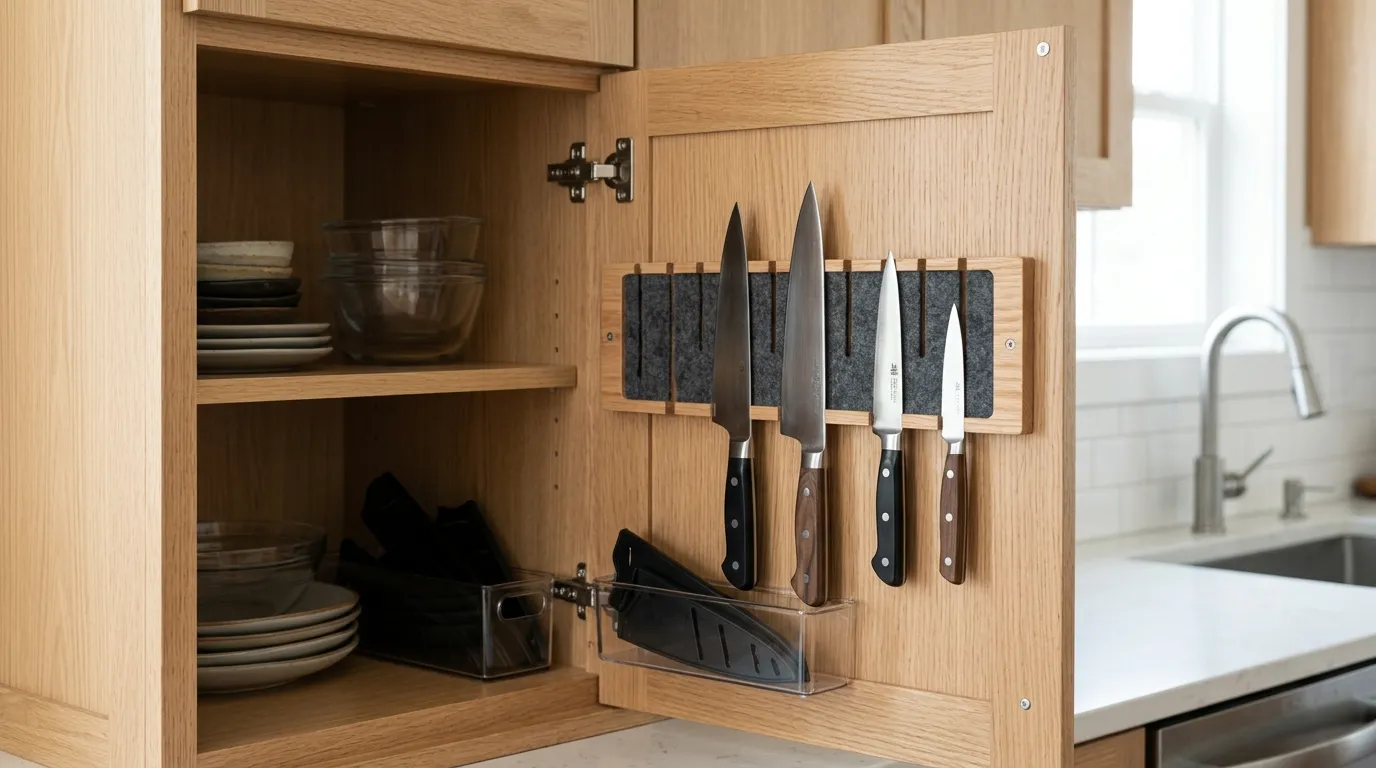 Slim knife rack and protected kitchen knives organized inside a cabinet door for space-saving storage