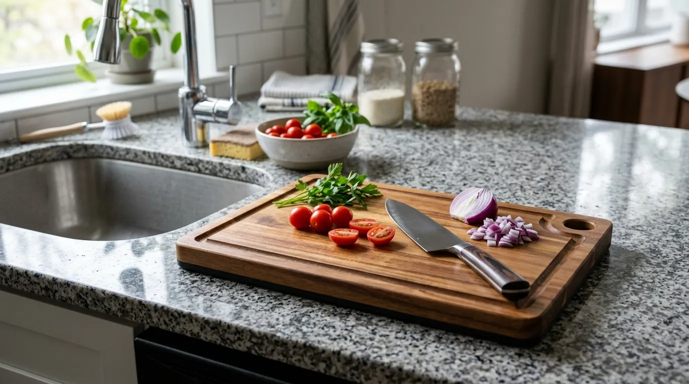 Compact cutting board with non-slip edges, reversible surfaces, juice groove, and storage hole