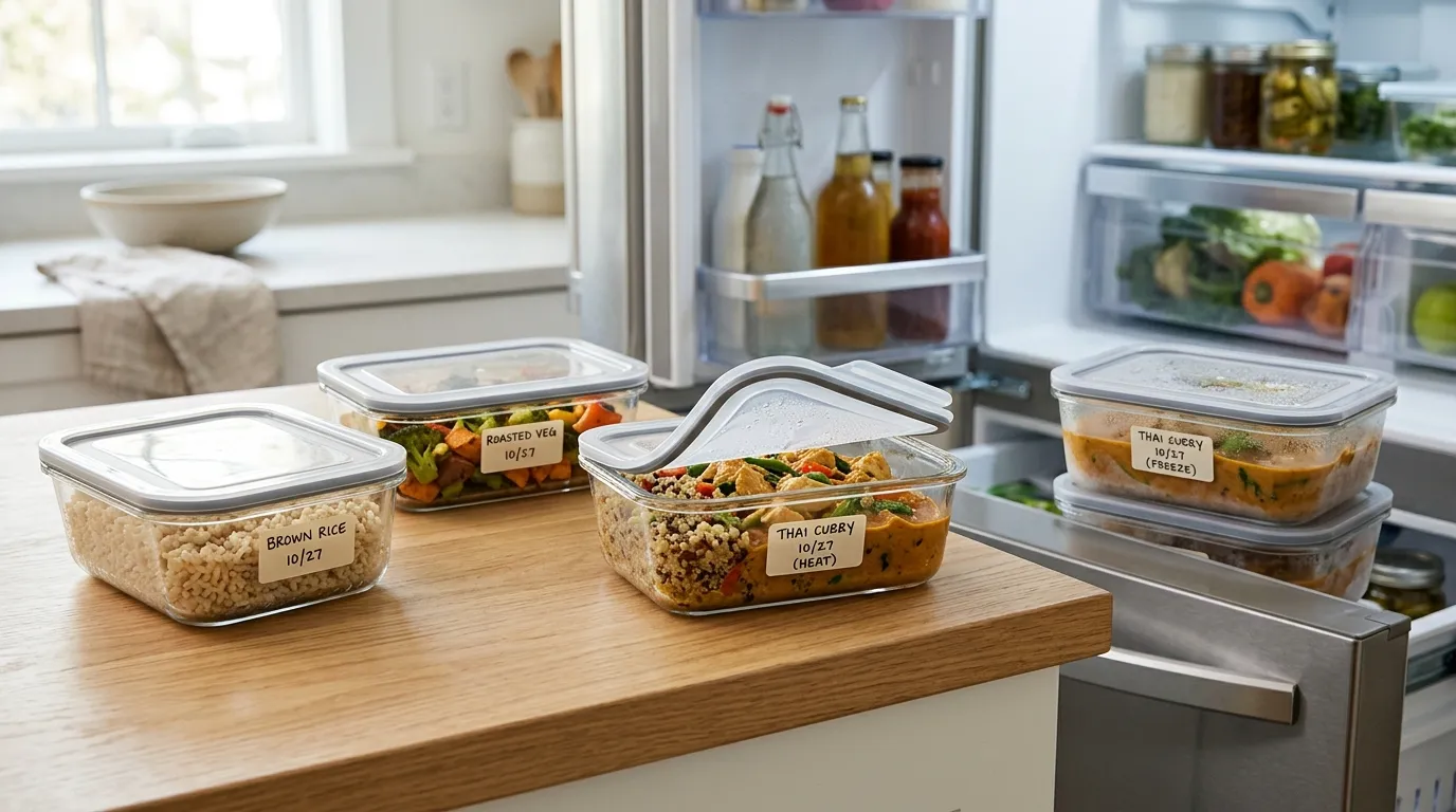Shallow meal-prep containers arranged for refrigerator and freezer storage with headspace and vented lids