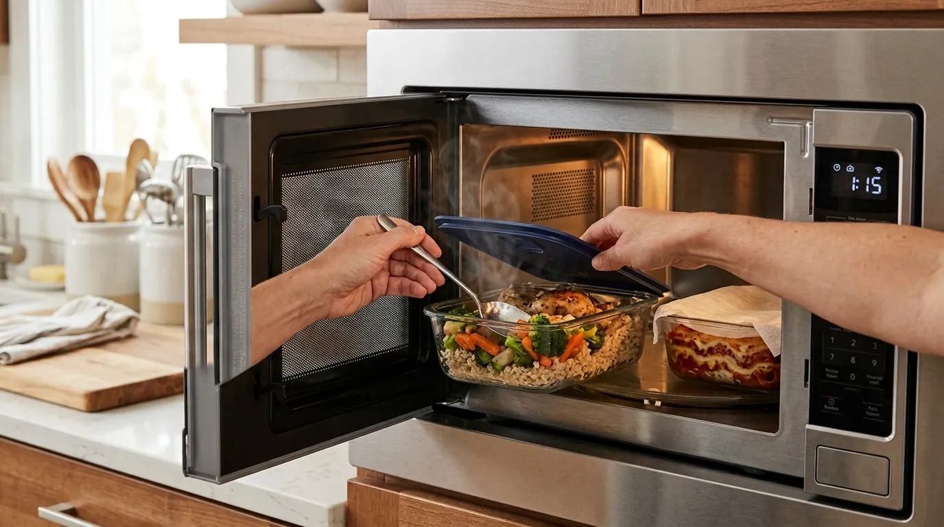 Meal being reheated in a vented microwave container with food stirred between short heating intervals