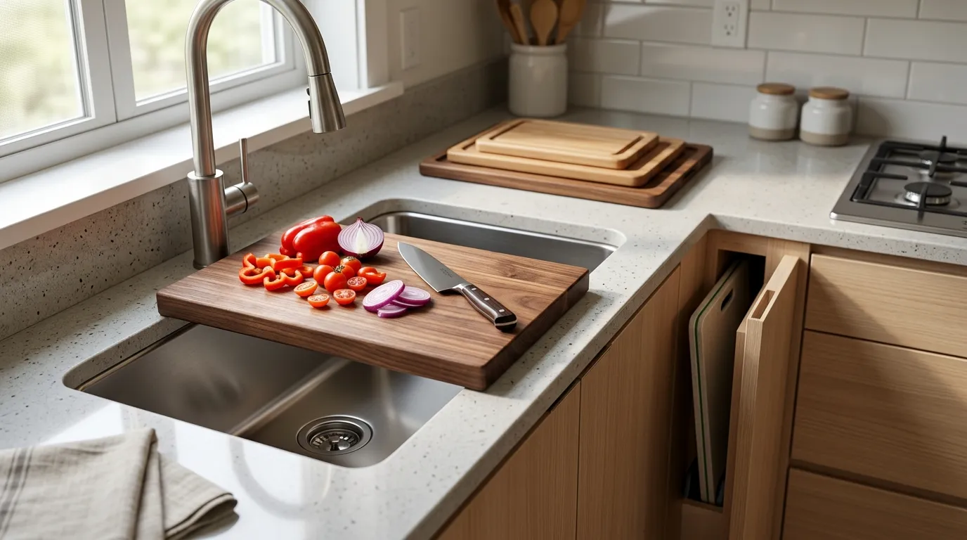 Over-the-sink cutting board and slim upright boards creating extra prep space in a compact kitchen