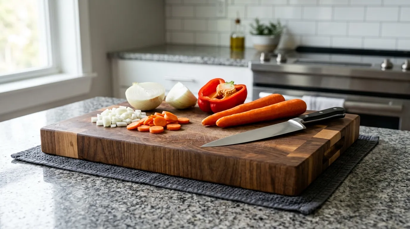 Stable wooden cutting board secured with a damp towel beside a dry chef’s knife and prepared vegetables