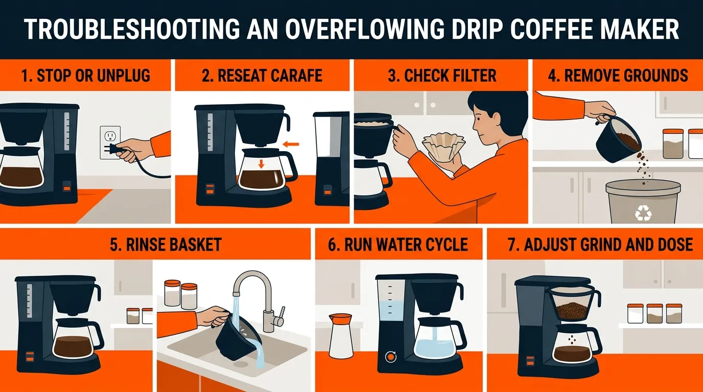 Step-by-step coffee maker overflow cleanup showing carafe repositioning, filter inspection, basket rinsing, and water-flow testing