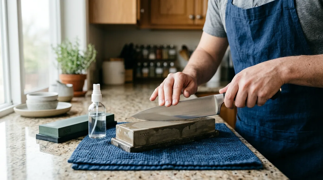 Kitchen knife being sharpened on a water stone with controlled angle and light pressure
