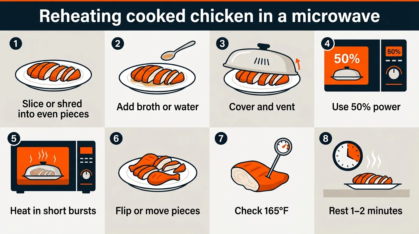 Step-by-step visual showing sliced chicken covered, heated gently, turned, and checked with a food thermometer