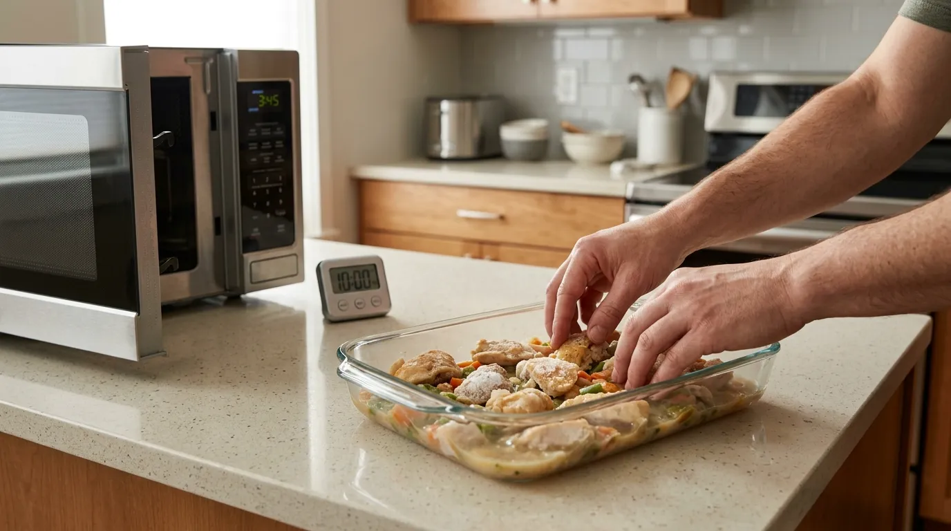 Frozen food being safely defrosted in a microwave using low power, turning, separating, and proper containers